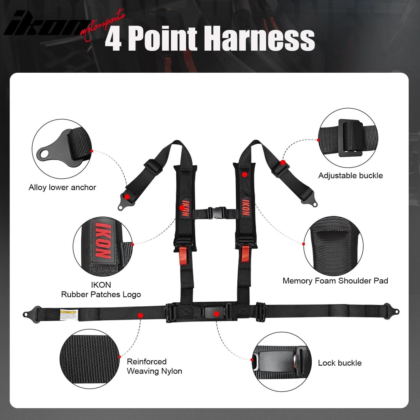 Universal 2" Wide 4 Point Buckle Racing Seat Belt Harness Nylon Black