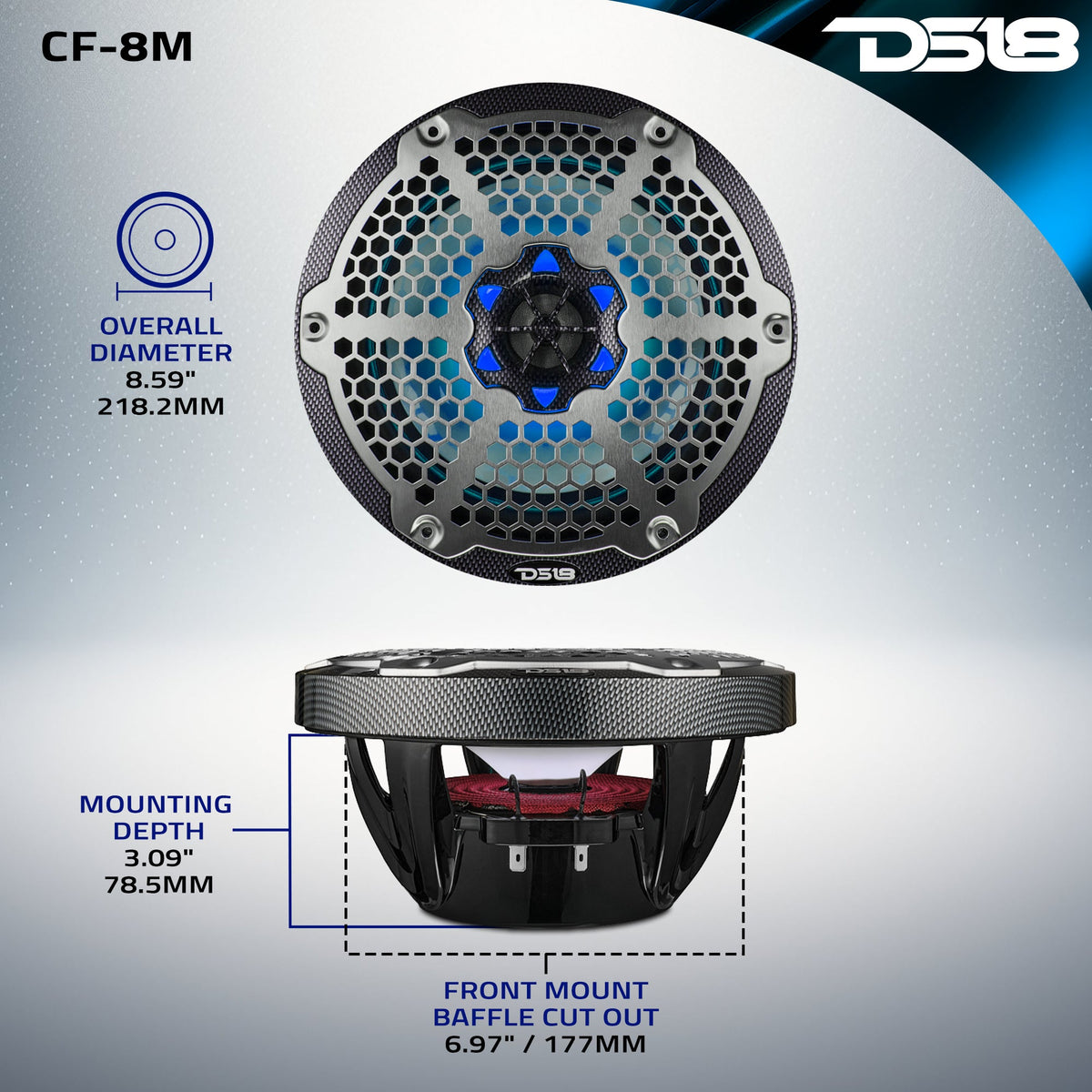 NXL 8" 2-Way Coaxial Marine Speaker With LED RGB Lights 125 Watts Rms 4-Ohm - Black Carbon Fiber