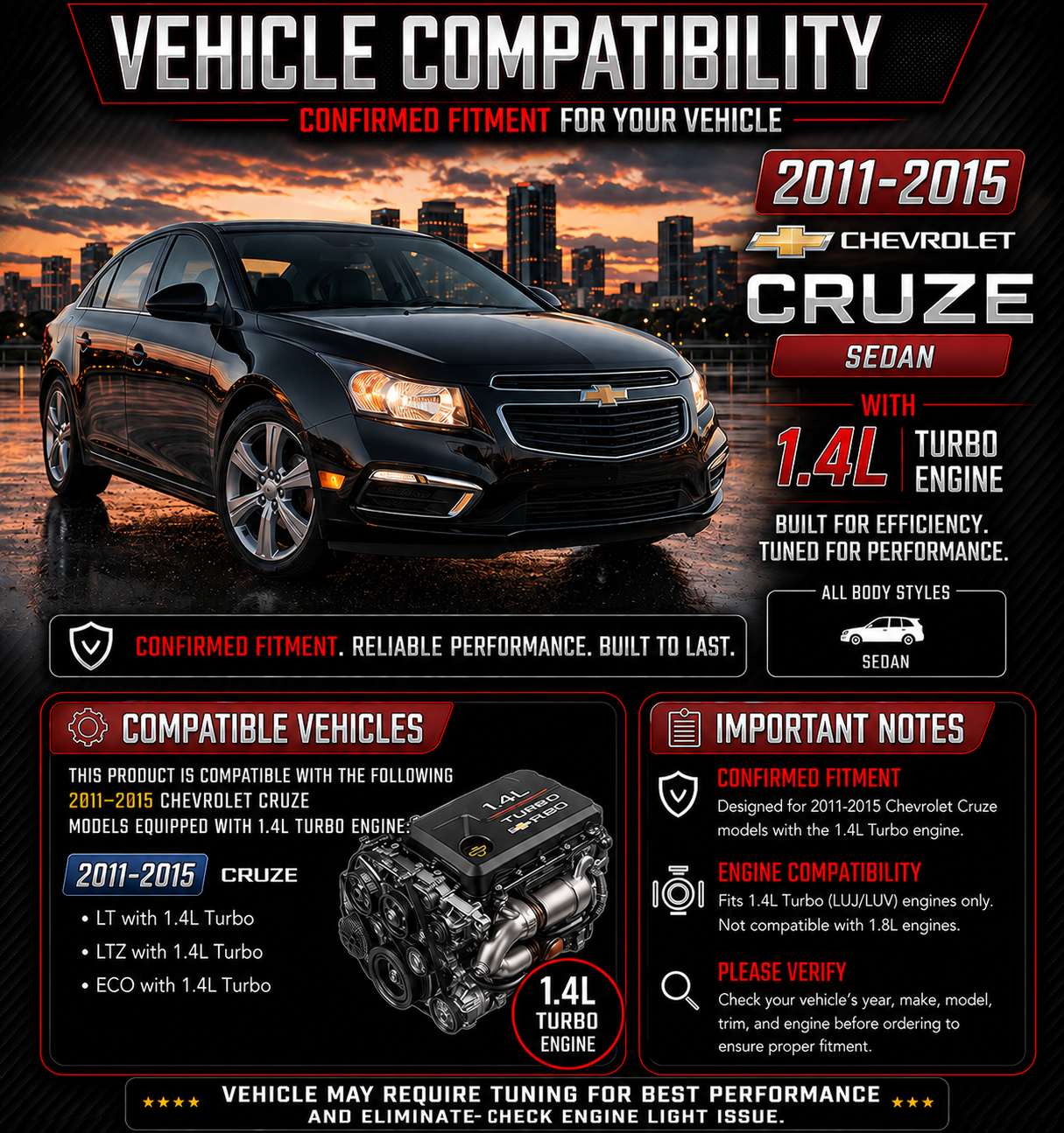 Cold Air Intake Kit For 2011-2015 Chevy Cruze 1.4L Turbo | Rtunes Racing | CI-CH-09