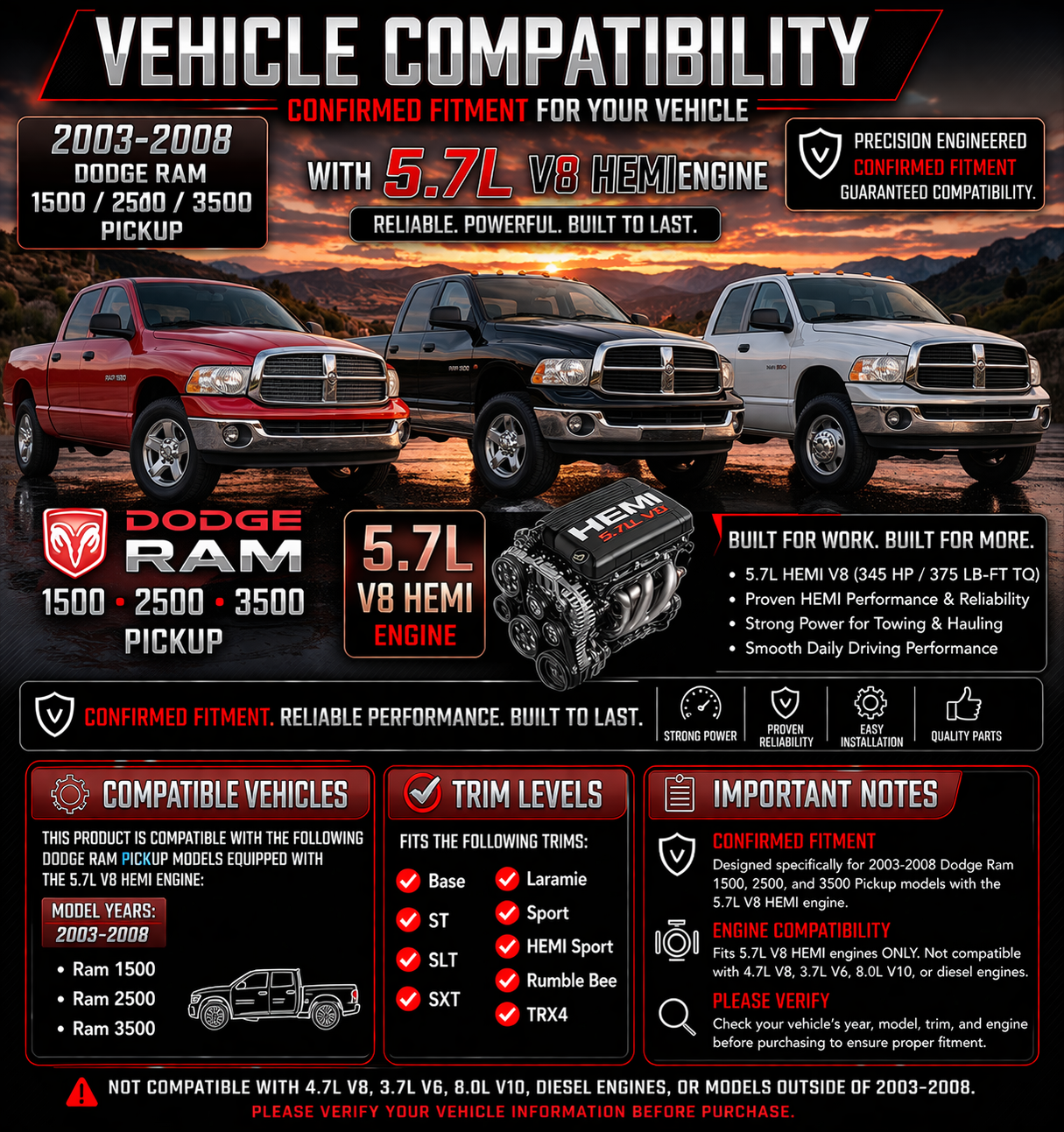 Cold Air Intake Kit For 2003-2008 Ram 1500 2500 3500 5.7L V8 | Rtunes Racing | CI-DG-07