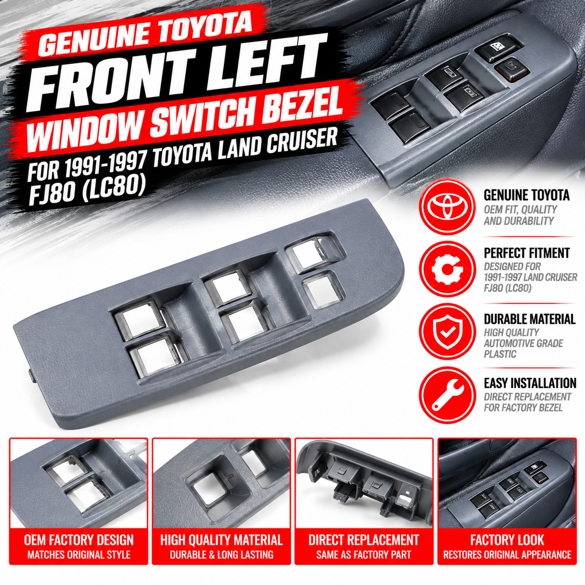 GENUINE TOYOTA 91-97 LC FRONT LEFT ARMREST PANEL WINDOW SWITCH BEZEL 74232-60070