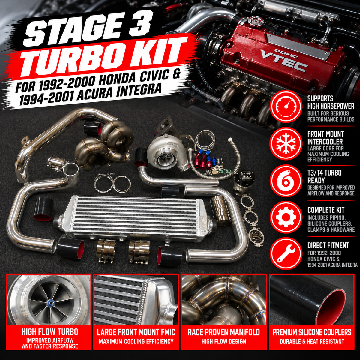 B Series Ram Horn AC Friendly Stage 3 Turbo Kit A/C Compatible b16 b18 b20 Civic Integra Del Sol
