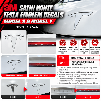 3M Satin White Tesla Emblem Decals (Front + Back) | Model Y
