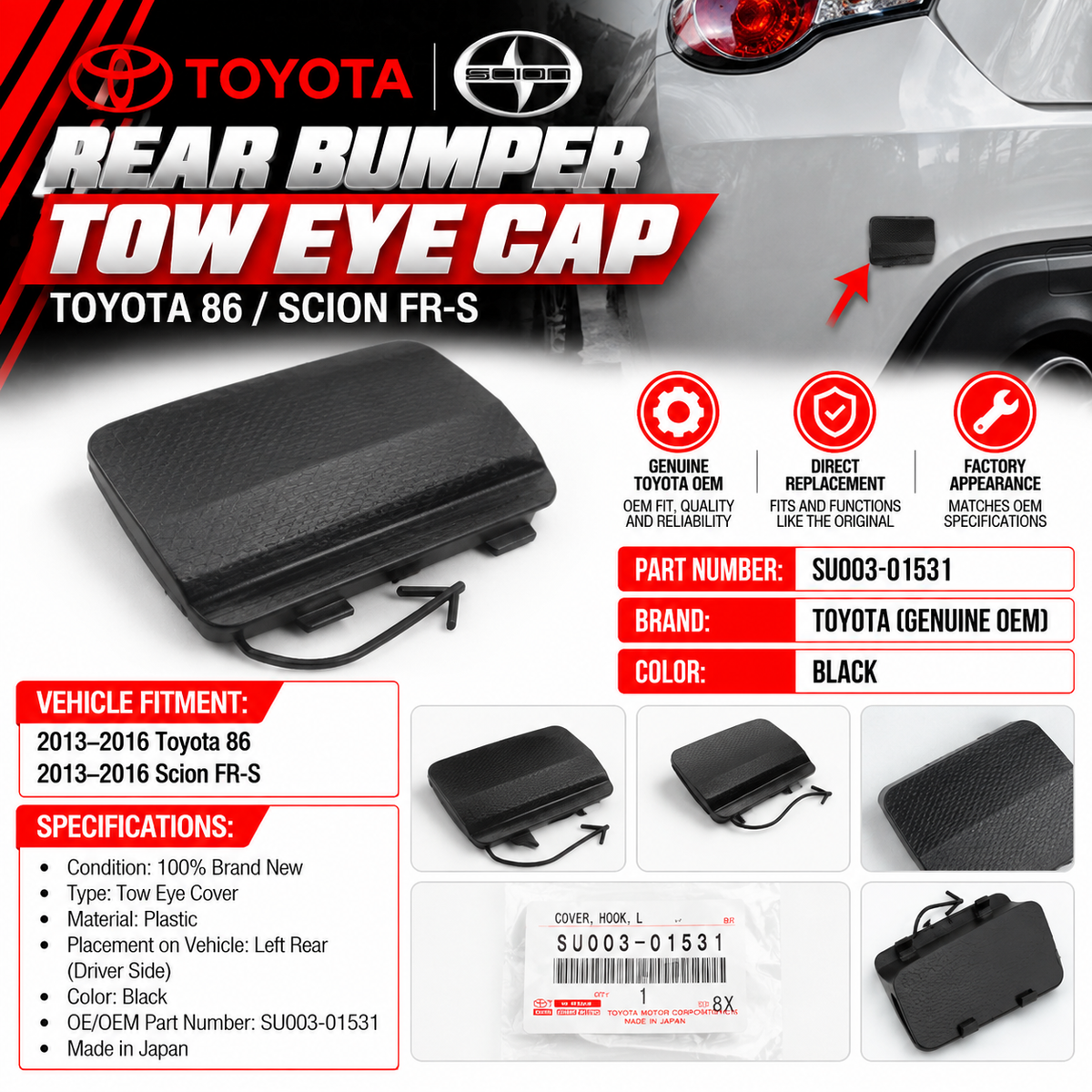 GENUINE TOYOTA SCION 13-16 FR-S 86 LEFT REAR BUMPER TOW EYE CAP SU003-01531