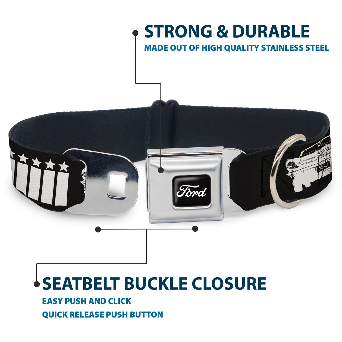 FORD Script Full Color Black/White Seatbelt Buckle Collar - Ford Mustang Grill AMERICAN MUSCLE Stars and Stripes Black/White