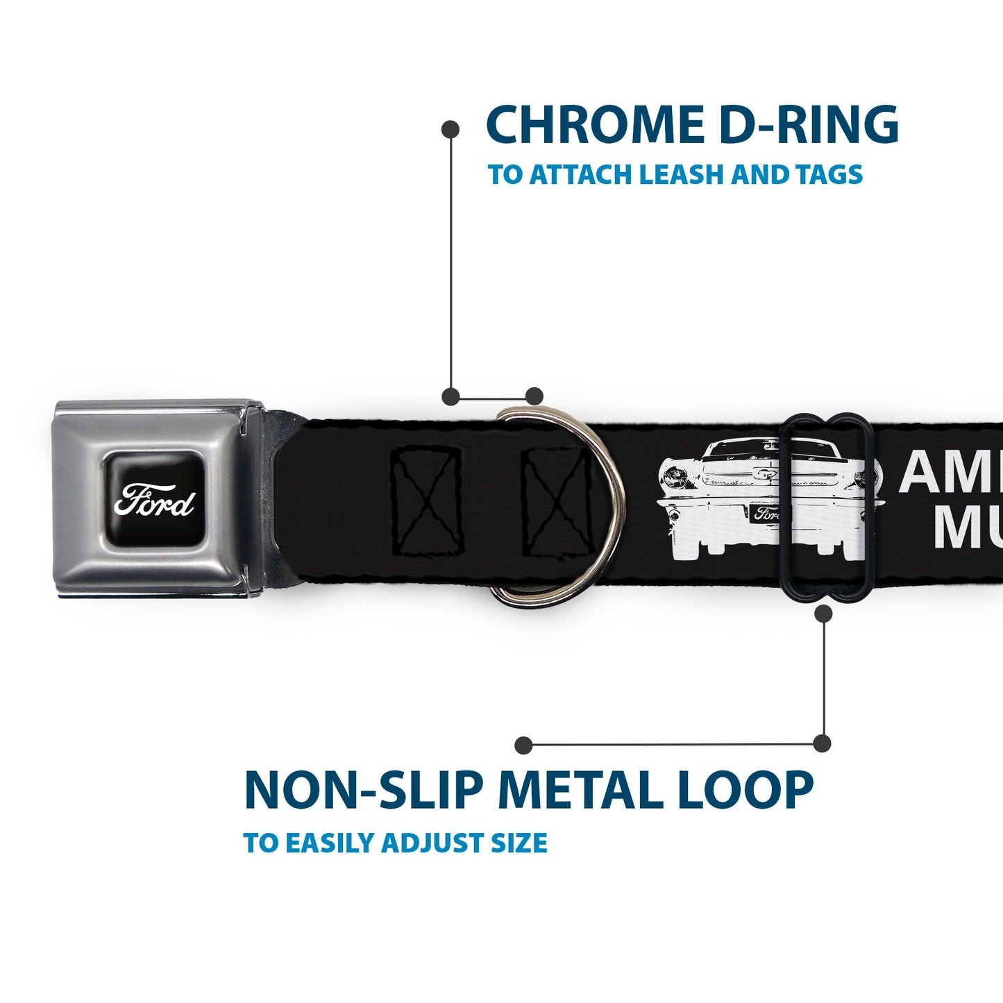 FORD Script Full Color Black/White Seatbelt Buckle Collar - Ford Mustang Grill AMERICAN MUSCLE Stars and Stripes Black/White