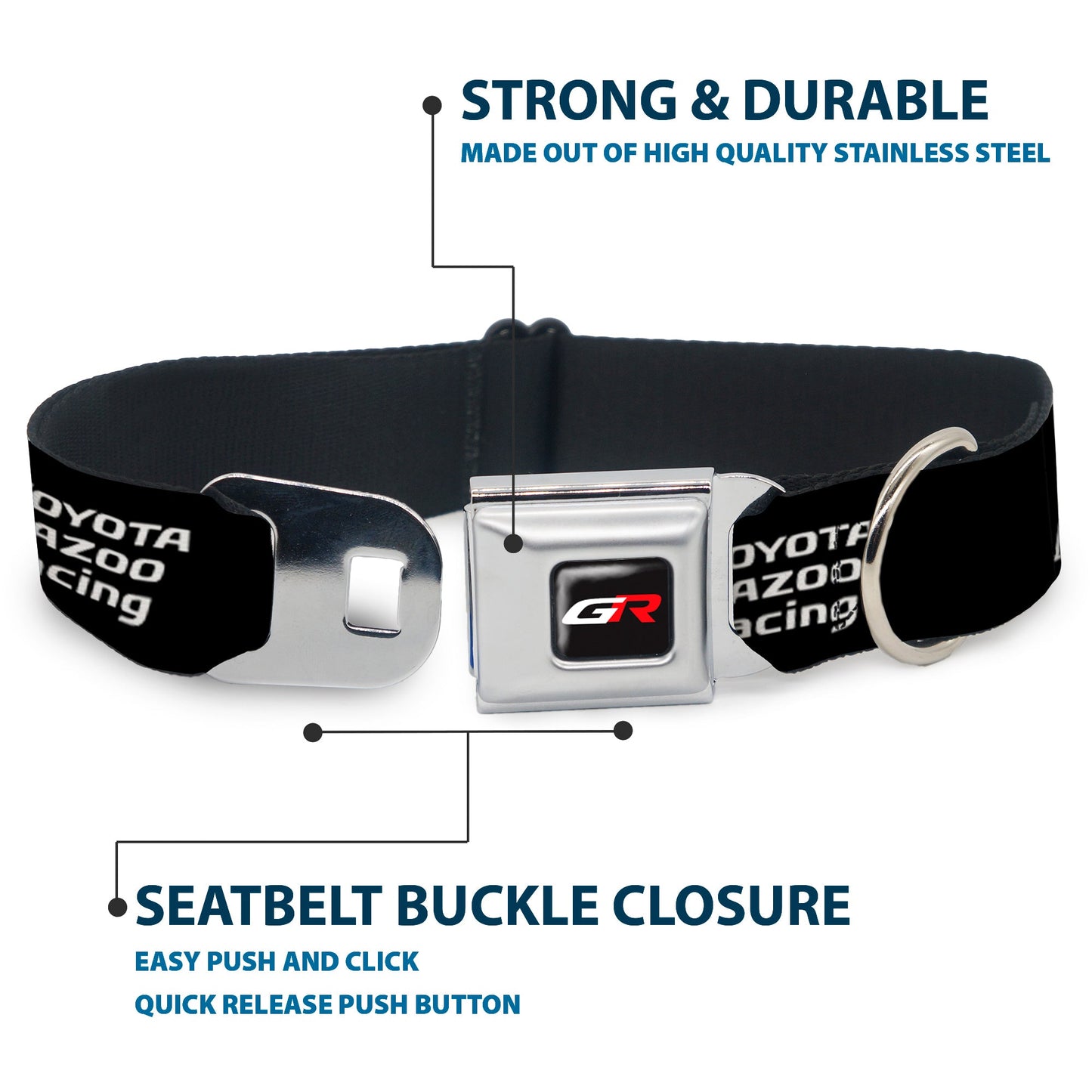 Toyota Gazoo Racing  GR Logo Full Color Black/White Red Seatbelt Buckle Collar - TOYOTA GAZOO RACING GR NORTH AMERICA Logo and Text Black/White/Red