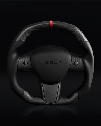 TESLA MODEL 3 / Y LEATHER FLAT BOTTOM SUPERNOVA DRY CARBON STEERING WHEEL