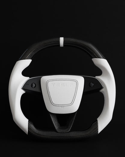 TESLA MODEL Y JUNIPER WHITE LEATHER FLAT BOTTOM STORMTROOPER GLOSS CARBON STEERING WHEEL