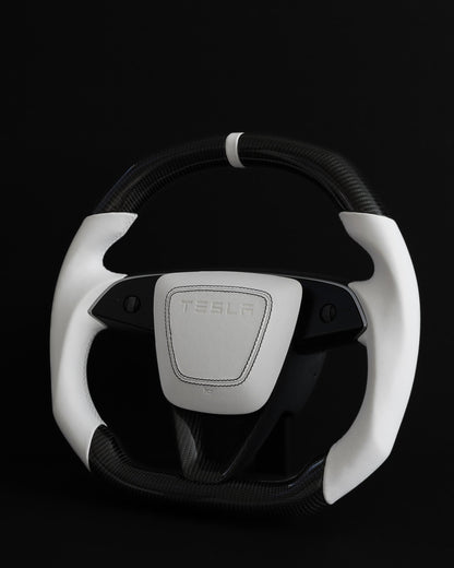 TESLA MODEL 3 HIGHLAND  WHITE LEATHER FLAT BOTTOM STORMTROOPER GLOSS CARBON STEERING WHEEL