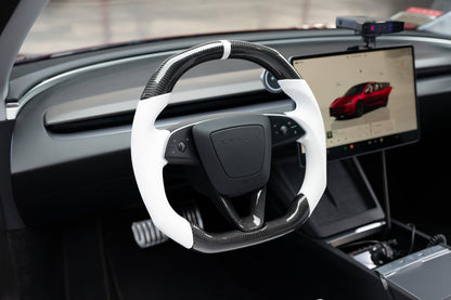 TESLA MODEL 3 HIGHLAND  WHITE LEATHER FLAT BOTTOM STORMTROOPER GLOSS CARBON STEERING WHEEL