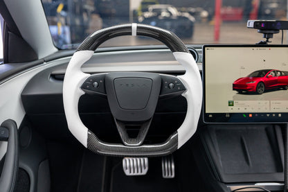 TESLA MODEL Y JUNIPER WHITE LEATHER FLAT BOTTOM STORMTROOPER GLOSS CARBON STEERING WHEEL
