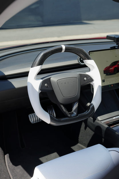 TESLA MODEL 3 HIGHLAND  WHITE LEATHER FLAT BOTTOM STORMTROOPER GLOSS CARBON STEERING WHEEL