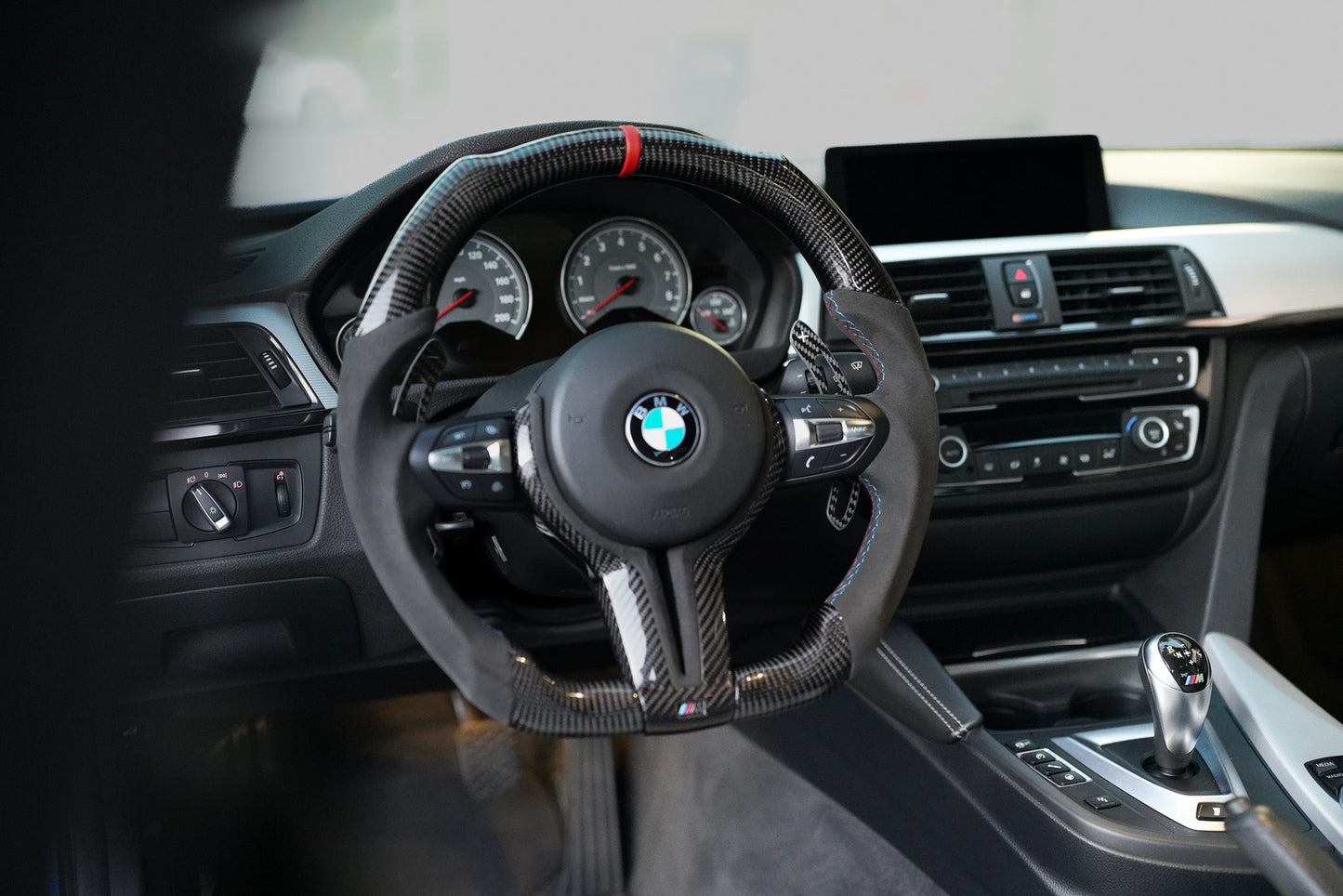 BMW Alcantara Flat Bottom Gloss Carbon Fiber Steering Wheel for F Chassis- iCBL's Signature Design for F30 F32 F80 F82 M3 M4 M2 335i 340i 328i 440i 435i