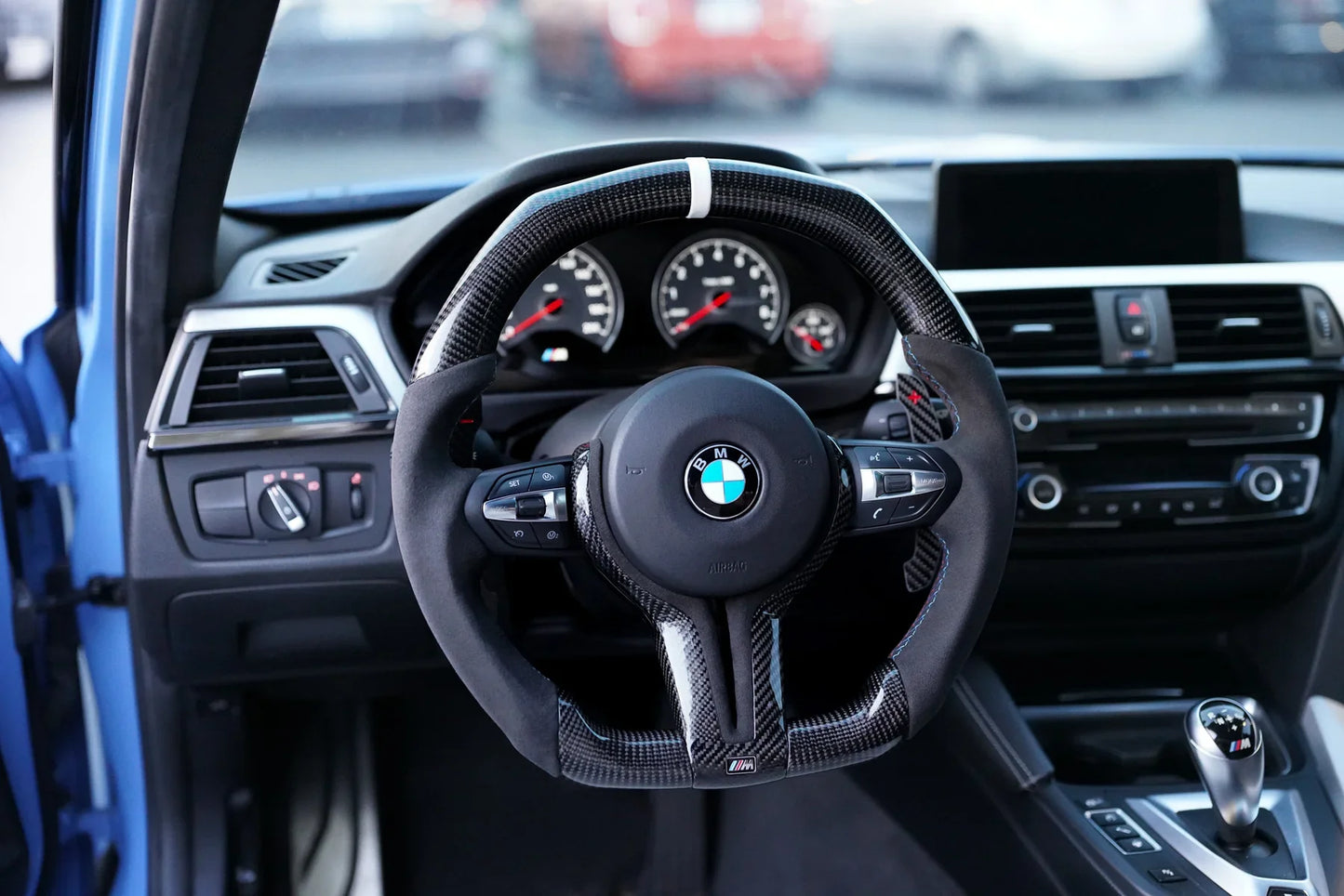 BMW Alcantara Flat Bottom White Stripe Gloss Carbon Fiber Steering Wheel for F Chassis- iCBL's Signature Design for F30 F32 F80 F82 M3 M4 M2 335i 340i 328i 440i 435i (Copy)