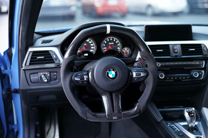 BMW Alcantara Flat Bottom White Stripe Gloss Carbon Fiber Steering Wheel for F Chassis- iCBL's Signature Design for F30 F32 F80 F82 M3 M4 M2 335i 340i 328i 440i 435i (Copy)