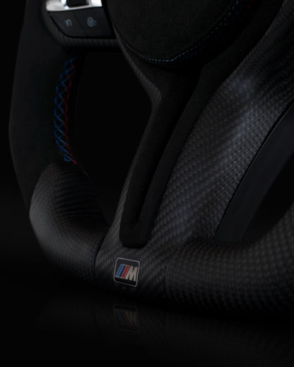 BMW Alcantara Flat Bottom White Stripe Dry Carbon Fiber Steering Wheel for F Chassis- iCBL's Signature Design for F30 F32 F80 F82 M3 M4 M2 335i 340i 328i 440i 435i