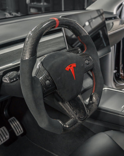 TESLA MODEL 3 / Y ALCANTARA FLAT BOTTOM SUPERNOVA GLOSS CARBON STEERING WHEEL