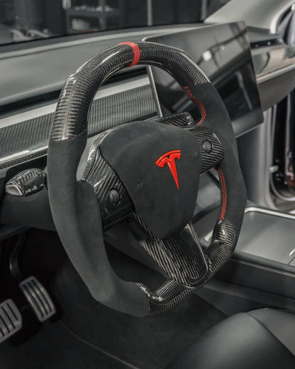 Sixth Element TESLA MODEL Y / MODEL 3 ALCANTARA FLAT BOTTOM SUPERNOVA GLOSS CARBON STEERING WHEEL