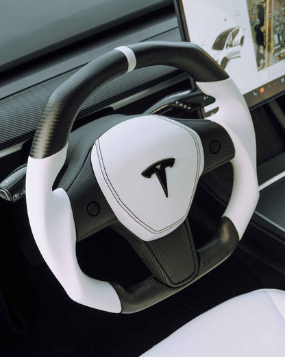 TESLA MODEL 3 / Y WHITE LEATHER FLAT BOTTOM STORMTROOPER DRY CARBON STEERING WHEEL