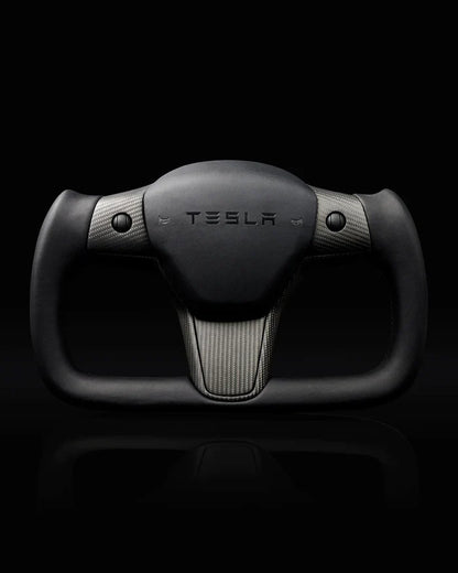 Sixth Element TESLA MODEL Y / MODEL 3 BLACK LEATHER DRY CARBON PLAID STYLE YOKE STEERING WHEEL