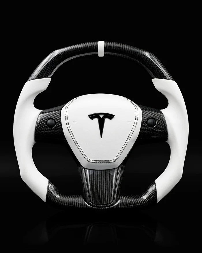 Sixth Element TESLA MODEL Y / MODEL 3 WHITE LEATHER FLAT BOTTOM STORMTROOPER GLOSS CARBON STEERING WHEEL