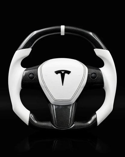 Sixth Element TESLA MODEL Y / MODEL 3 WHITE LEATHER FLAT BOTTOM STORMTROOPER GLOSS CARBON STEERING WHEEL