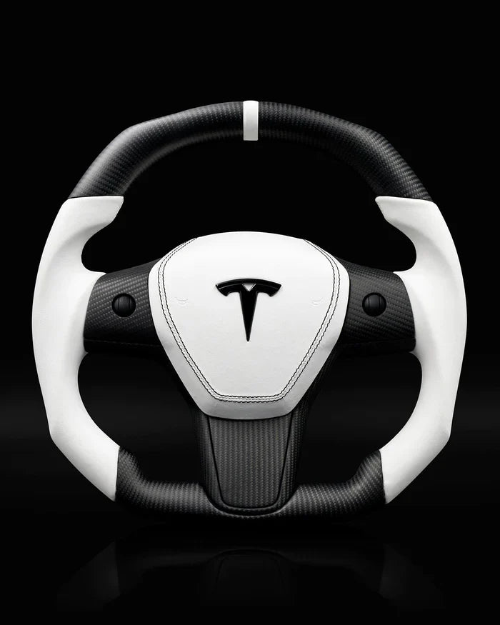 Sixth Element TESLA MODEL Y / MODEL 3 WHITE LEATHER FLAT BOTTOM STORMTROOPER GLOSS CARBON STEERING WHEEL
