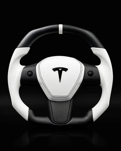 Sixth Element TESLA MODEL Y / MODEL 3 WHITE LEATHER FLAT BOTTOM STORMTROOPER GLOSS CARBON STEERING WHEEL