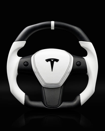 TESLA MODEL 3 / Y WHITE LEATHER FLAT BOTTOM STORMTROOPER DRY CARBON STEERING WHEEL