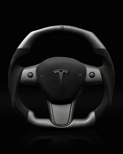 TESLA MODEL 3 / Y ALCANTARA FLAT BOTTOM VANTABLACK DRY CARBON STEERING WHEEL