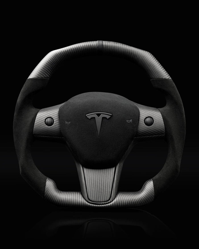 Sixth Element TESLA MODEL Y / MODEL 3 ALCANTARA FLAT BOTTOM VANTABLACK DRY CARBON STEERING WHEEL