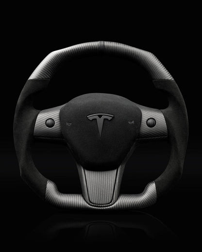 Sixth Element TESLA MODEL Y / MODEL 3 ALCANTARA FLAT BOTTOM VANTABLACK DRY CARBON STEERING WHEEL