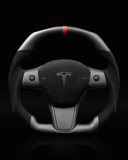 Sixth Element TESLA MODEL Y / MODEL 3 ALCANTARA FLAT BOTTOM SUPERNOVA GLOSS CARBON STEERING WHEEL