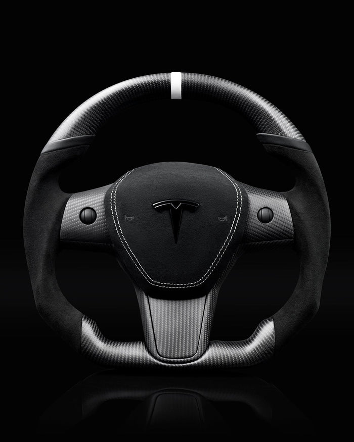 Sixth Element TESLA MODEL Y / MODEL 3 BLACK ALCANTARA PCH MIDNIGHT WHITE ACCENTS GLOSS CARBON STEERING WHEEL