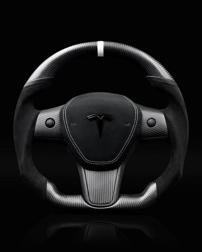 Sixth Element TESLA MODEL Y / MODEL 3 BLACK ALCANTARA PCH MIDNIGHT WHITE ACCENTS GLOSS CARBON STEERING WHEEL