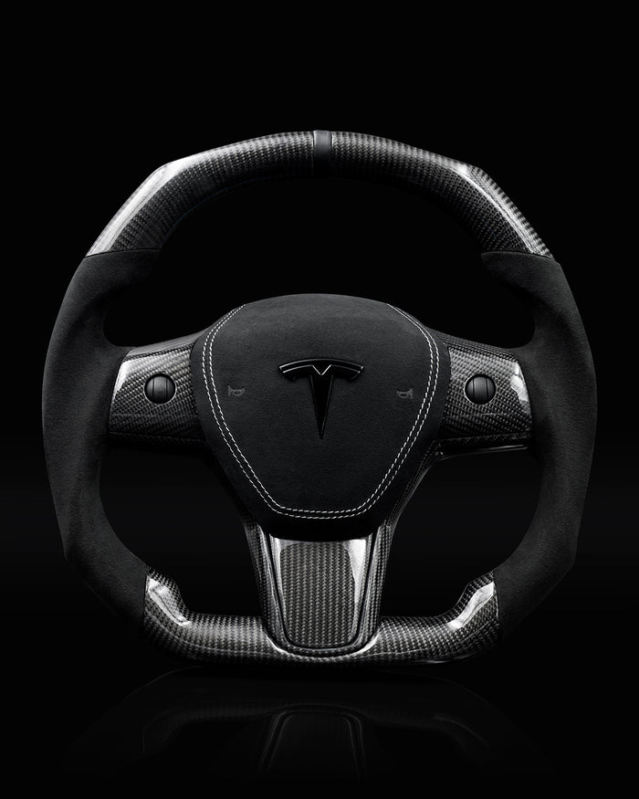 Sixth Element TESLA MODEL Y / MODEL 3 ALCANTARA FLAT BOTTOM VANTABLACK DRY CARBON STEERING WHEEL