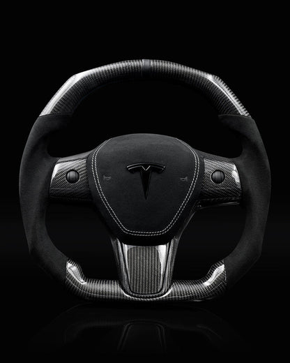 Sixth Element TESLA MODEL Y / MODEL 3 ALCANTARA FLAT BOTTOM VANTABLACK DRY CARBON STEERING WHEEL