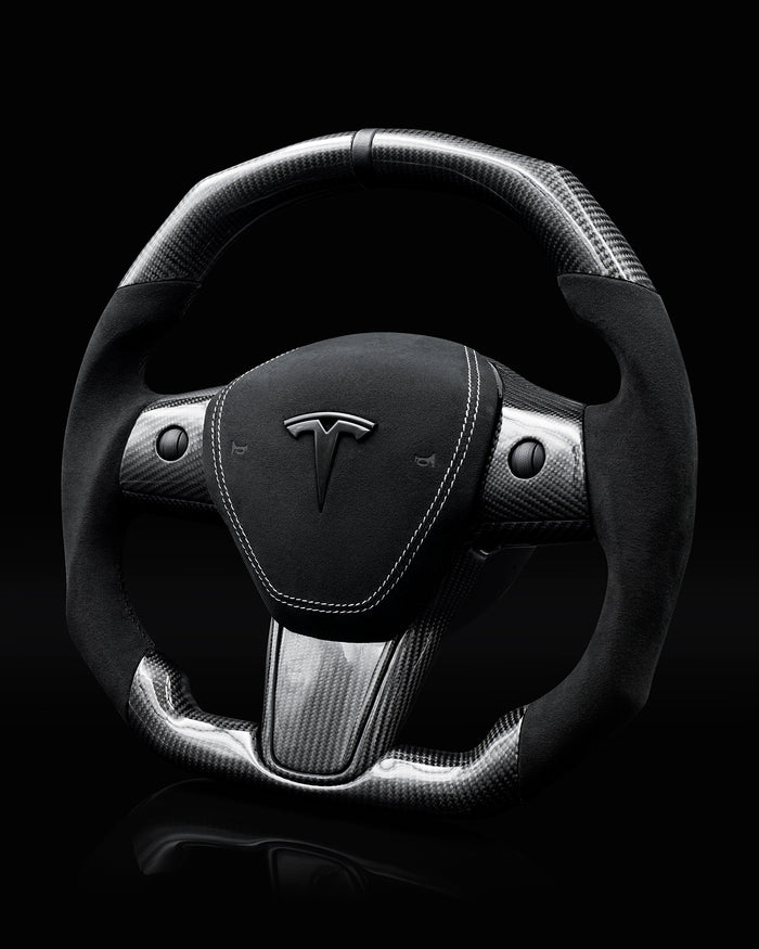 Sixth Element TESLA MODEL Y / MODEL 3 ALCANTARA FLAT BOTTOM VANTABLACK DRY CARBON STEERING WHEEL