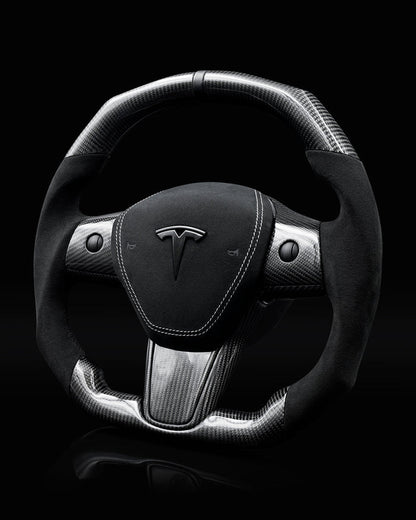 Sixth Element TESLA MODEL Y / MODEL 3 ALCANTARA FLAT BOTTOM VANTABLACK DRY CARBON STEERING WHEEL