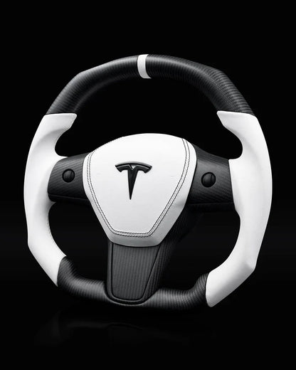 Sixth Element TESLA MODEL Y / MODEL 3 WHITE LEATHER FLAT BOTTOM STORMTROOPER GLOSS CARBON STEERING WHEEL