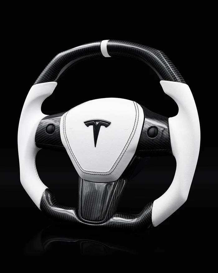 Sixth Element TESLA MODEL Y / MODEL 3 WHITE LEATHER FLAT BOTTOM STORMTROOPER GLOSS CARBON STEERING WHEEL