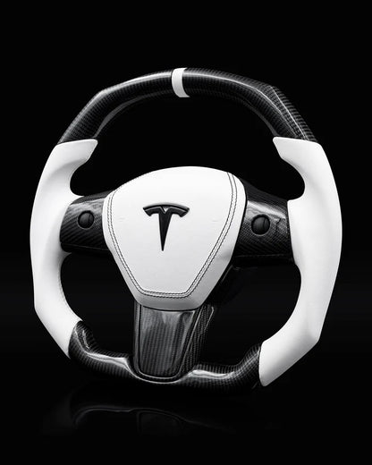 Sixth Element TESLA MODEL Y / MODEL 3 WHITE LEATHER FLAT BOTTOM STORMTROOPER GLOSS CARBON STEERING WHEEL