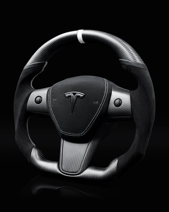 Sixth Element TESLA MODEL Y / MODEL 3 BLACK ALCANTARA PCH MIDNIGHT WHITE ACCENTS GLOSS CARBON STEERING WHEEL