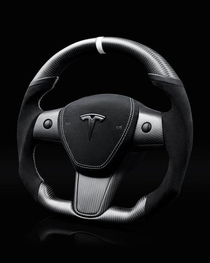 Sixth Element TESLA MODEL Y / MODEL 3 BLACK ALCANTARA PCH MIDNIGHT WHITE ACCENTS GLOSS CARBON STEERING WHEEL