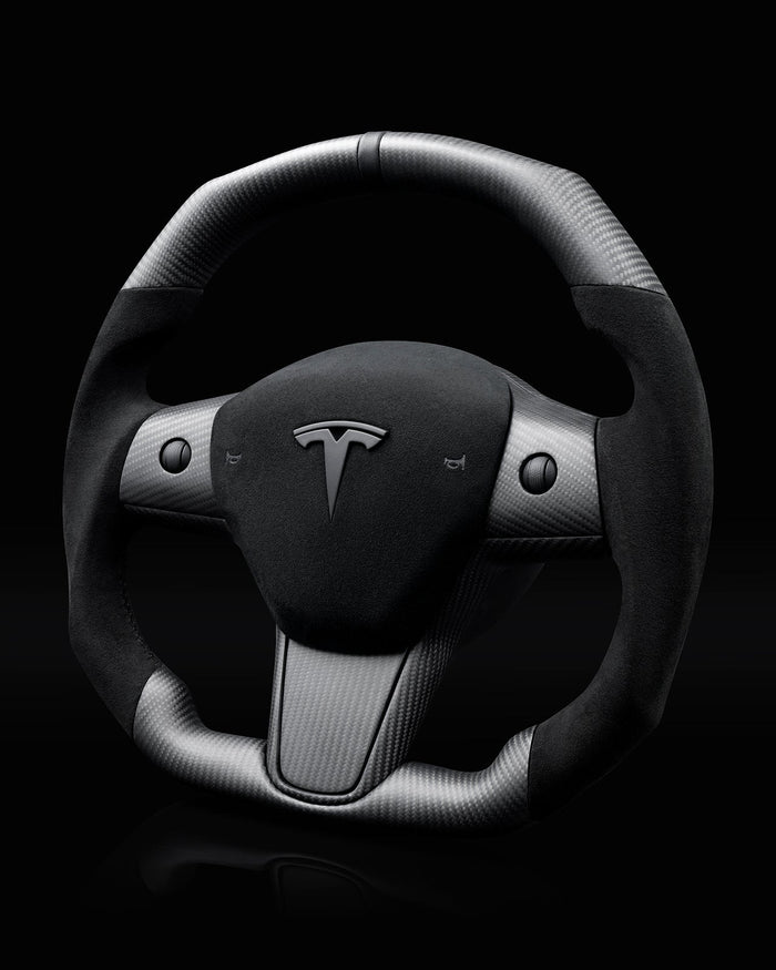Sixth Element TESLA MODEL Y / MODEL 3 ALCANTARA FLAT BOTTOM VANTABLACK DRY CARBON STEERING WHEEL