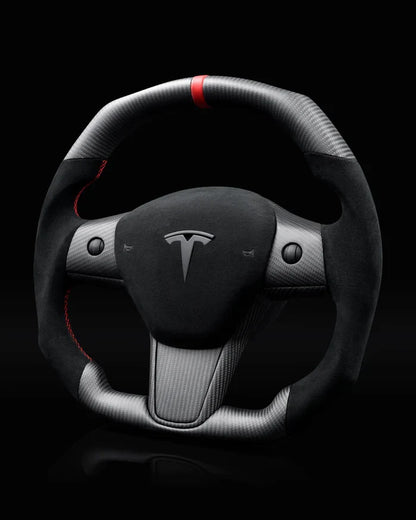 Sixth Element TESLA MODEL Y / MODEL 3 ALCANTARA FLAT BOTTOM SUPERNOVA GLOSS CARBON STEERING WHEEL