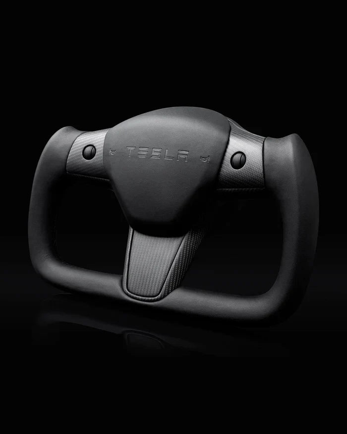 Sixth Element TESLA MODEL Y / MODEL 3 BLACK LEATHER DRY CARBON PLAID STYLE YOKE STEERING WHEEL