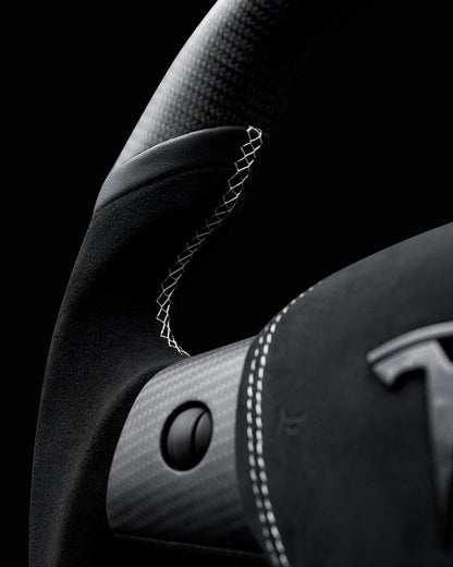 TESLA MODEL 3 / Y BLACK ALCANTARA PCH MIDNIGHT WHITE ACCENTS DRY CARBON STEERING WHEEL
