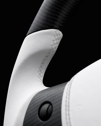 Sixth Element TESLA MODEL Y / MODEL 3 WHITE LEATHER FLAT BOTTOM STORMTROOPER GLOSS CARBON STEERING WHEEL